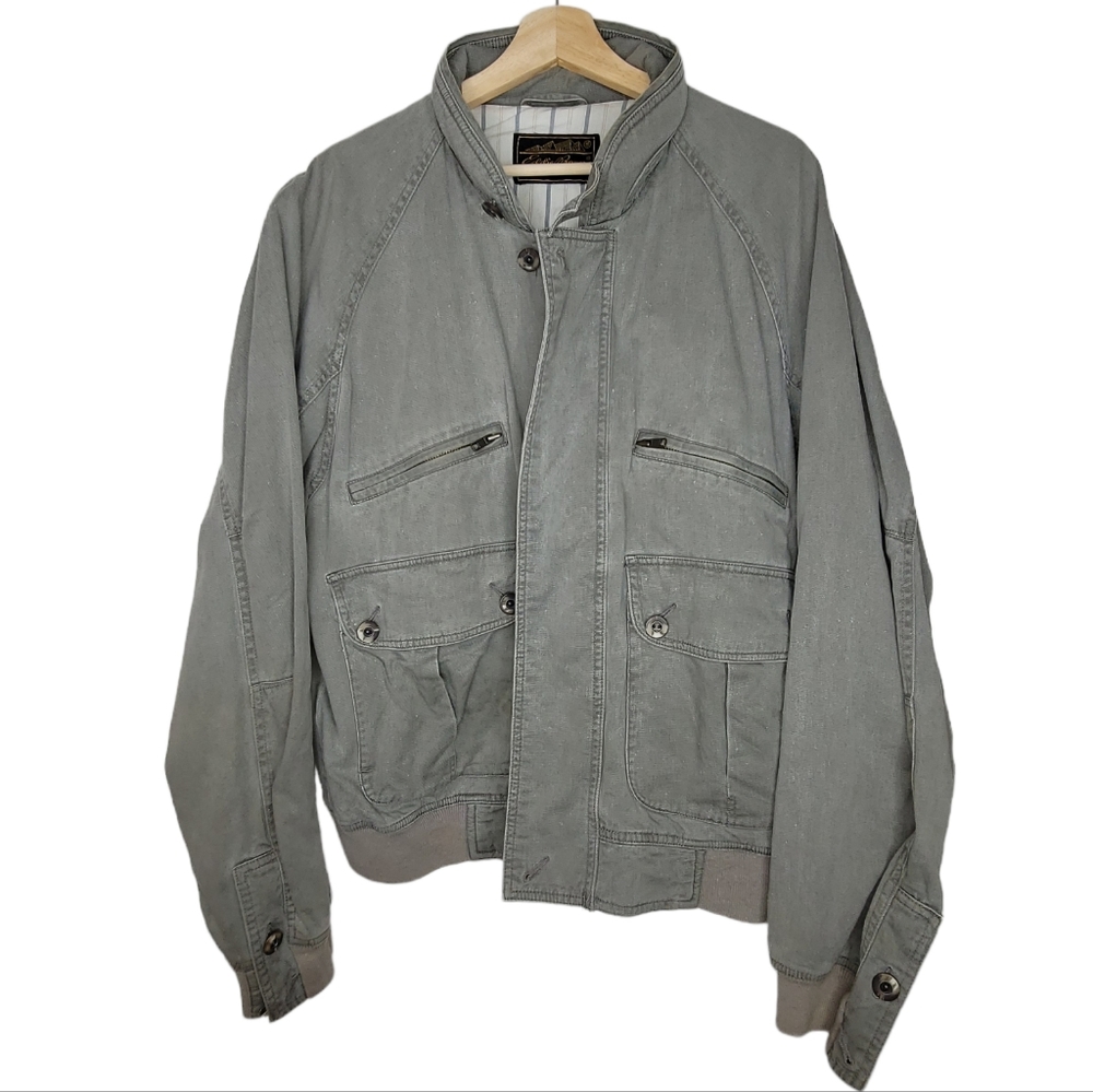 Vintage Eddie Bauer Jacket XL? Made In USA Gray Denim Lined Zip Racer Co…